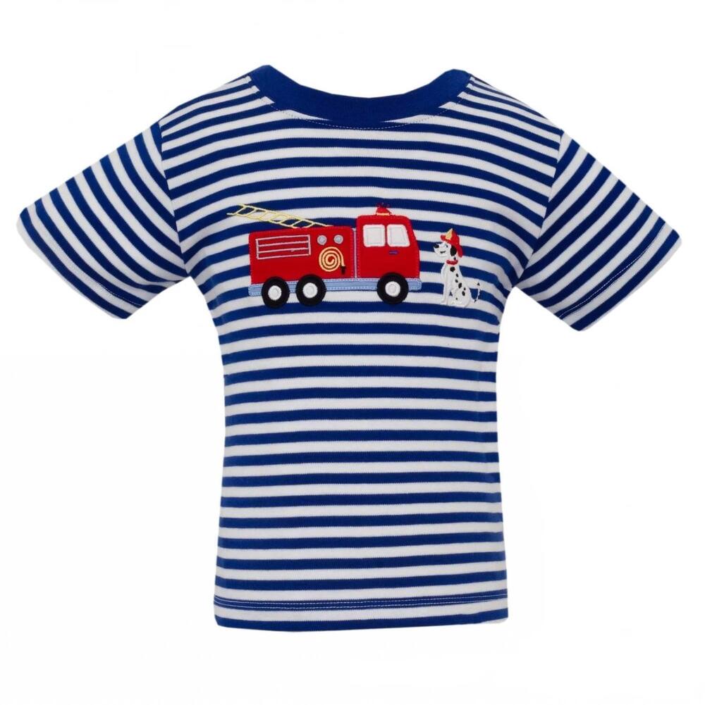 NEW ANAVINI boy's stripe knit firetruck applique short sleeve tee in navy